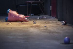 A unicorn in an alley at the site of a crime.