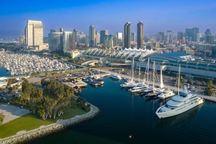 Aerial View Of San Diego Bay In California, USA. Yachts Are Dock