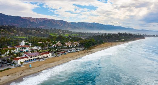 Aerial View Of Coastline Of Santa Barbara And Mountains Of Calif